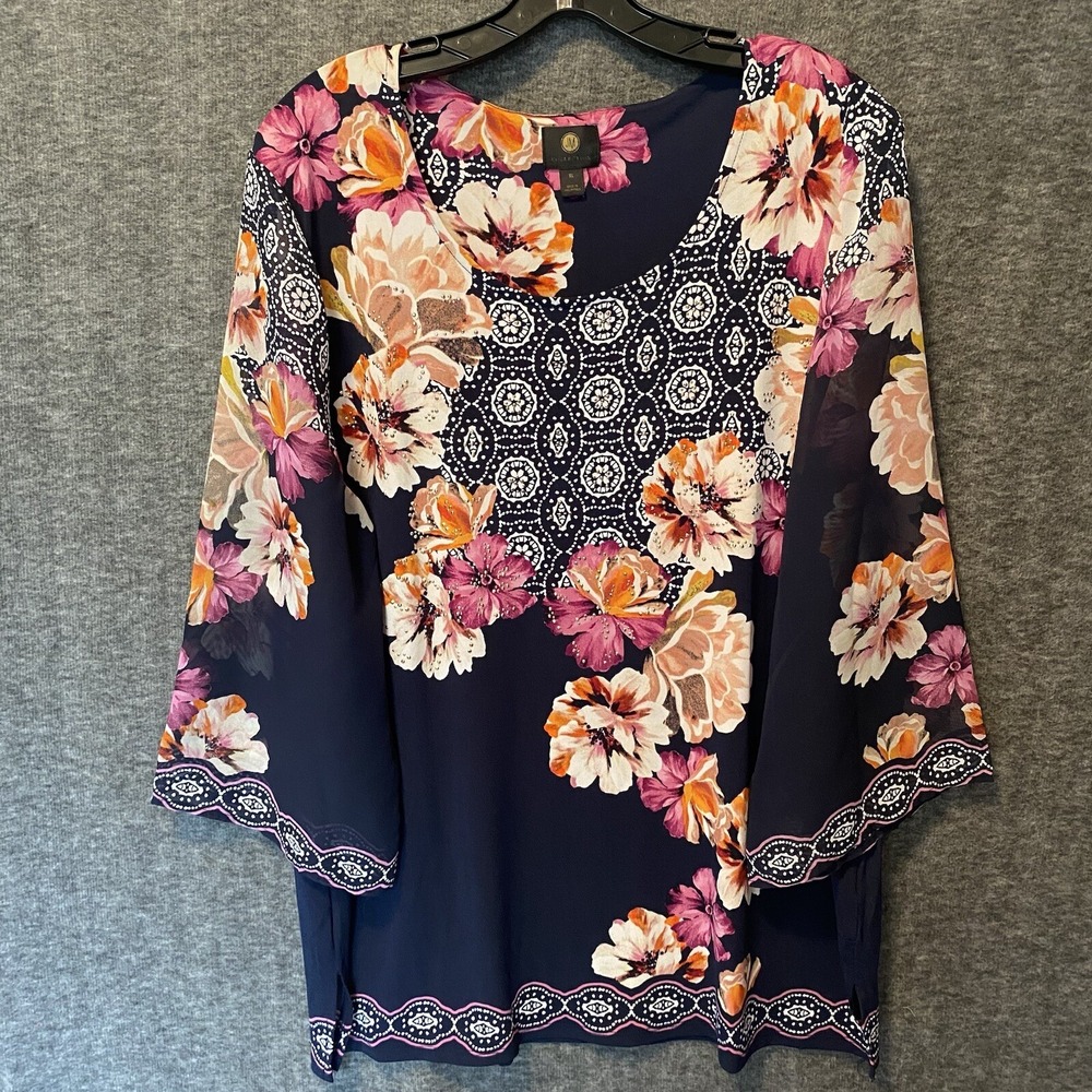JM‎ Collection Top Womens XL Blue Pink Floral Sequin Stretch Sheer Sleeve Blouse